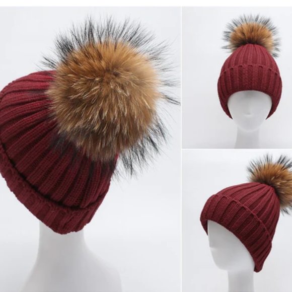 Burgundy Wine Bordeaux Natural Fur Pom Beanie Hat - Picture 4 of 5